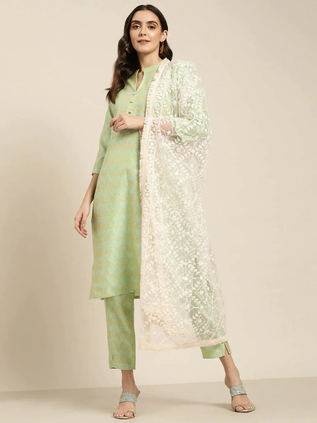 Women Jacquard Woven Design Straight Kurta Trousers & Chikankari Dupatta Green - Rasiya Trousers Favorite Customer Women Jacquard Woven Design Straight Kurta Trousers & Chikankari Dupatta Green - Rasiya Trousers Favorite Customer