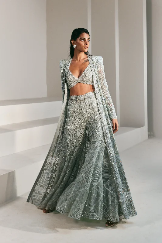 Azaliya Green Lehenga Set With Hand Embroidered Long Jacket And Bustier Rayon Fabric Velvet Fabric Corduroy Fabric