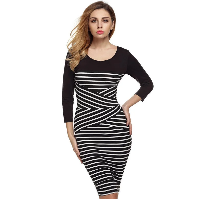 FINEJO Women Autumn Dress O-neck 3/4 Sleeve Casual Patchwork Striped Bodycon Pencil Dress S-XXL Women's Clothing Vestidos