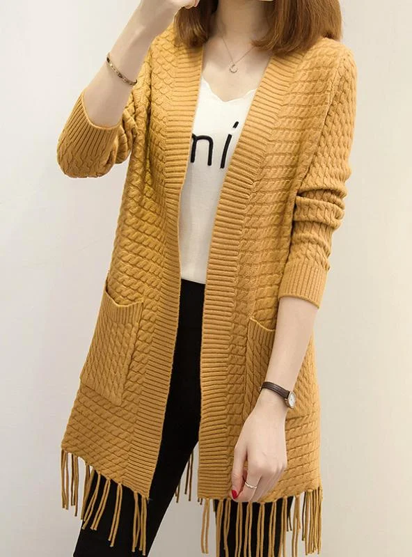 Women Soft Comfortable Coat Knitted V-Neck Long Cardigan Houndstooth Herringbone Solid