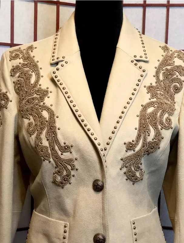 Cream Leather Jacket with Beautiful Appliqués M Appliqued Jacket Beaded Jacket Sequined Jacket Cream Leather Jacket with Beautiful Appliqués M Appliqued Jacket Beaded Jacket Sequined Jacket
