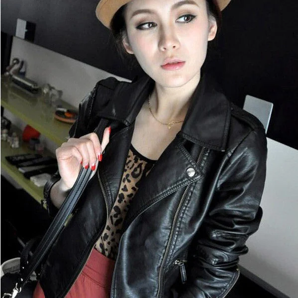 Fashion Turn Down Collar Women Leather Jackets Slim PU Leather Motor Jacket for Women Casaco Feminino Size 3XL, CB018 Front Pockets Side Pockets Patch Pockets Fashion Turn Down Collar Women Leather Jackets Slim PU Leather Motor Jacket for Women Casaco Feminino Size 3XL, CB018 Front Pockets Side Pockets Patch Pockets