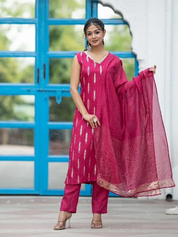 Women's Floral Woven Design Gotta Patti V Neck Kurta With Trouser & Dupatta - Aspora Trousers Brand Named Women's Floral Woven Design Gotta Patti V Neck Kurta With Trouser & Dupatta - Aspora Trousers Brand Named