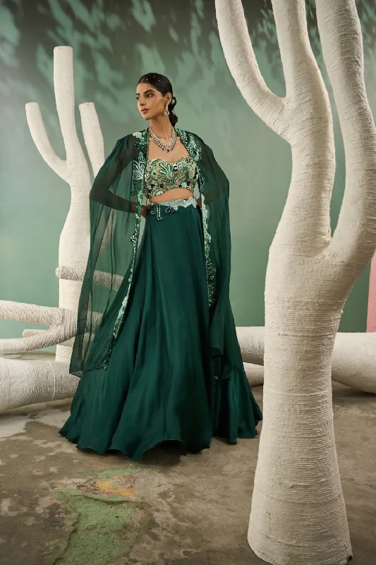 Mint & Dark Green Aaplique Lehenga With Cut-Out Jacket Nylon Jacket Polyester Jacket Spandex Jacket