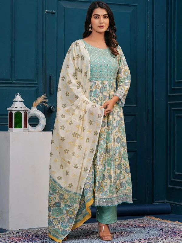 Floral Embroidered Regular Pure Cotton Kurta with Trousers & With Dupatta (Sea Green) - Rasiya Trousers Modern Contemporary Floral Embroidered Regular Pure Cotton Kurta with Trousers & With Dupatta (Sea Green) - Rasiya Trousers Modern Contemporary