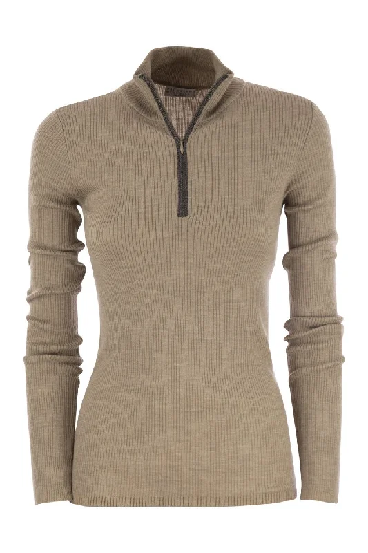 Lightweight ribbed virgin wool and cashmere sweater with Precious Half Zip Collared Crew Neck Turtle Neck