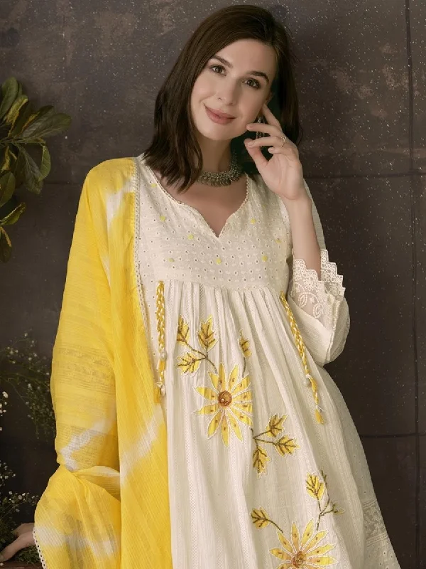 Anouk Embroidered Pleated Chikankari Pure Cotton A-Line Kurta With Trousers & Dupatta Trousers Fall Fleece