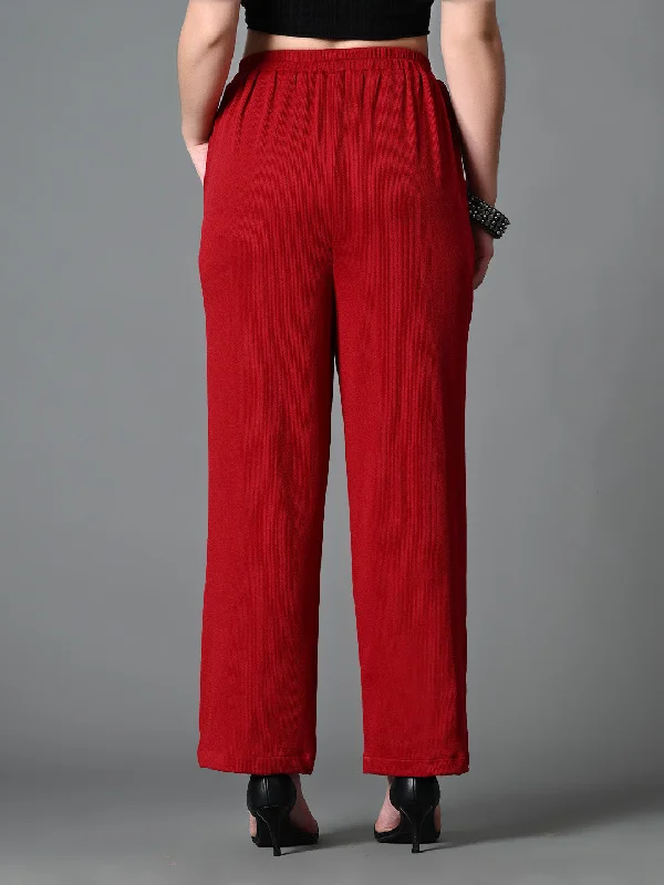 Myshka Women's Solid Ribbed High-Rise Wide Leg Casual Trousers in Maroon Color Trousers Brand Named Myshka Women's Solid Ribbed High-Rise Wide Leg Casual Trousers in Maroon Color Trousers Brand Named