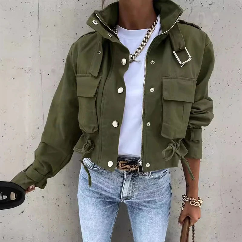 Fashionable Cargo Jackets for Women - Turndown Neck Long Sleeve Pockets Drawstring Casual Workwear Crop Coat Rayon Jacket Velvet Jacket Corduroy Jacket Fashionable Cargo Jackets for Women - Turndown Neck Long Sleeve Pockets Drawstring Casual Workwear Crop Coat Rayon Jacket Velvet Jacket Corduroy Jacket