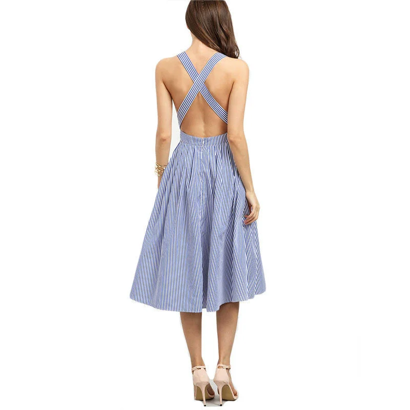 COLROVIE Beach Wear Summer Style Women Blue Striped Sleeveless Criss Cross Back A Line Backless Dress