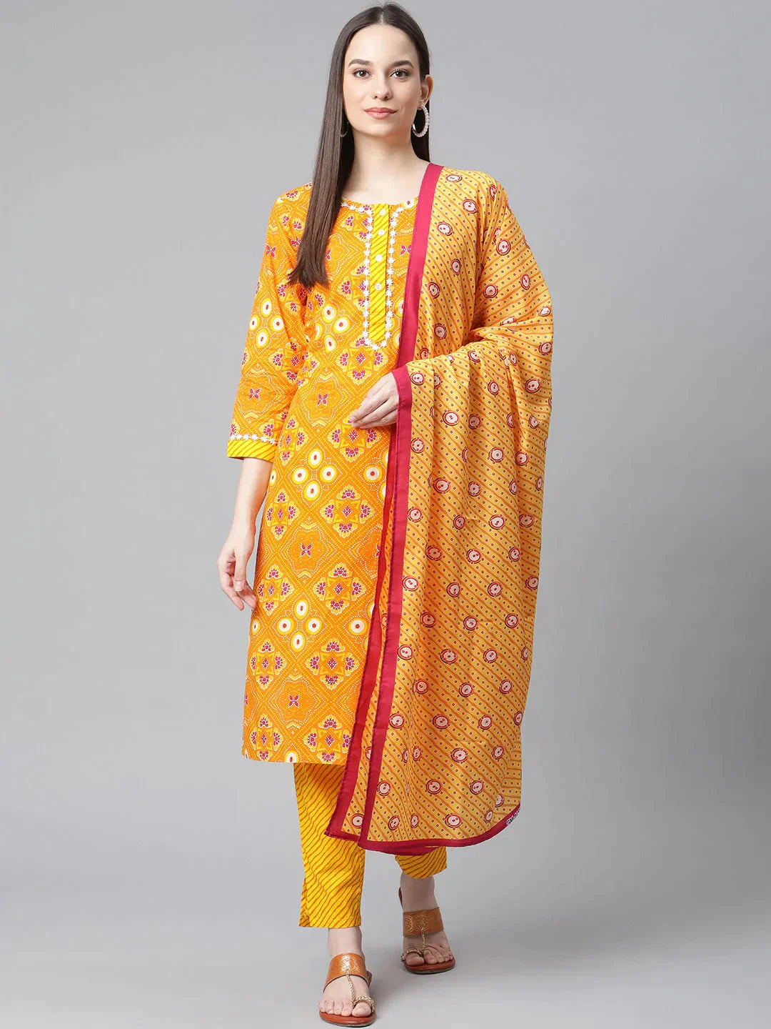 Women Yellow & Pink Ethnic Motifs Printed Pure Cotton Kurta With Trousers & Dupatta - Rasiya Trousers Handmade Artisanal Women Yellow & Pink Ethnic Motifs Printed Pure Cotton Kurta With Trousers & Dupatta - Rasiya Trousers Handmade Artisanal