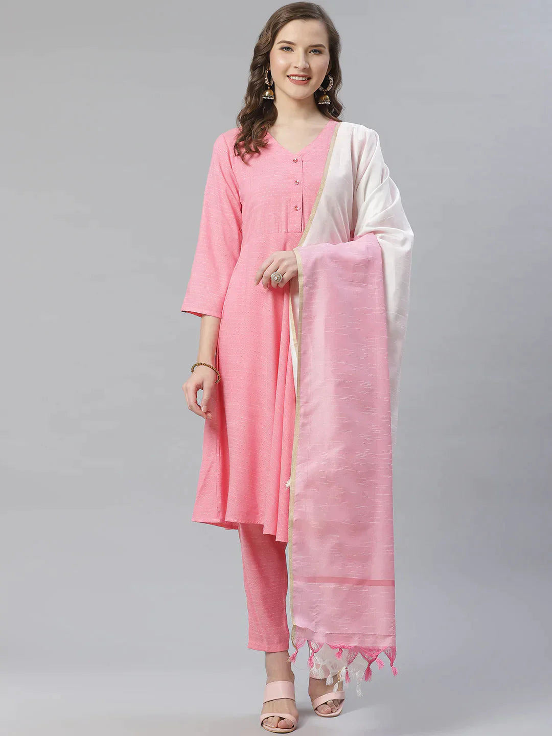 Women Pink & White Self Design Kurta With Trousers & Dupatta - Rasiya Trousers Office Stylish Women Pink & White Self Design Kurta With Trousers & Dupatta - Rasiya Trousers Office Stylish