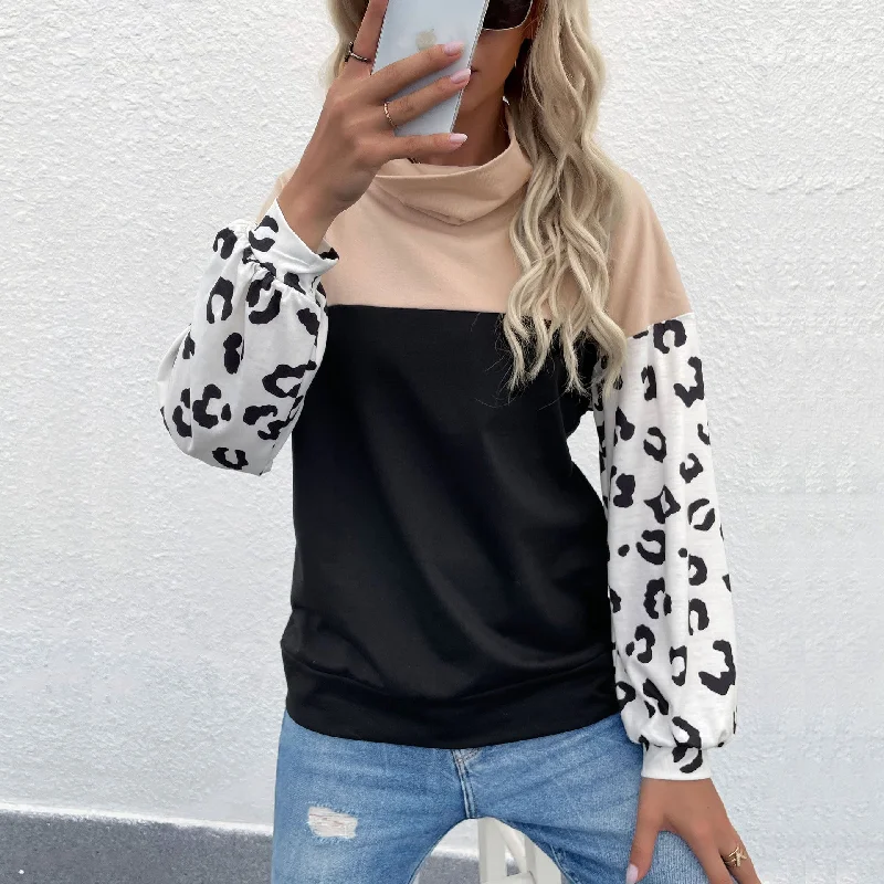 IKEARLAX New Cross-border popular autumn and winter new products 2025 casual tops leopard print color matching long-sleeved turtleneck sweater Boat Neck Shawl Collar Notched Collar