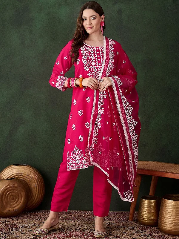 Sangria Pink Floral Embroidered Thread Work Pure Cotton Kurta & Trousers & Dupatta Trousers Pleated Formal