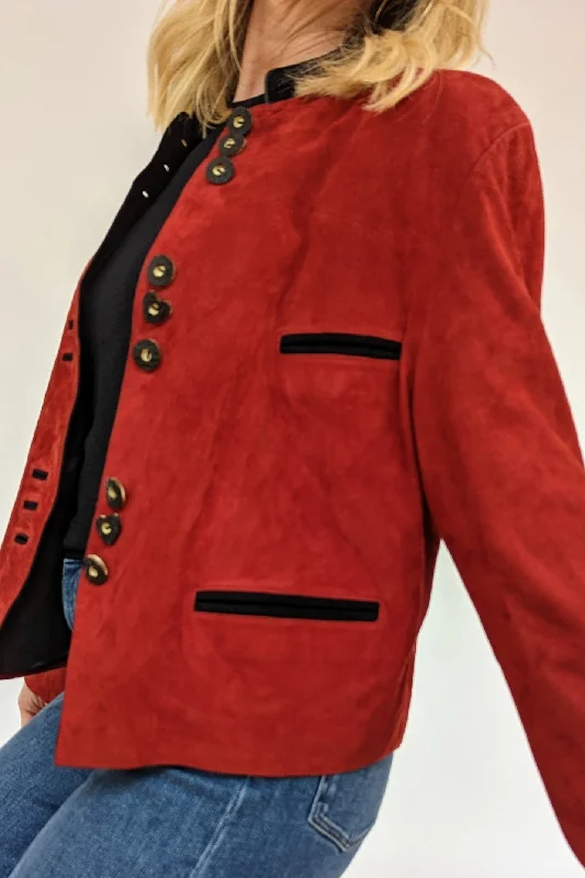 Soft Red Suede Jacket with Feature Buttons Appliqued Jacket Beaded Jacket Sequined Jacket Soft Red Suede Jacket with Feature Buttons Appliqued Jacket Beaded Jacket Sequined Jacket