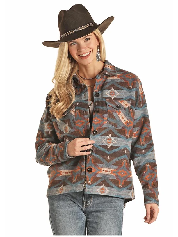 Panhandle 52-2048 Juniors Aztec Print Boyfriend Fit Shirt Jacket Brown Notch Collar Peter Pan Collar Cowl Neck