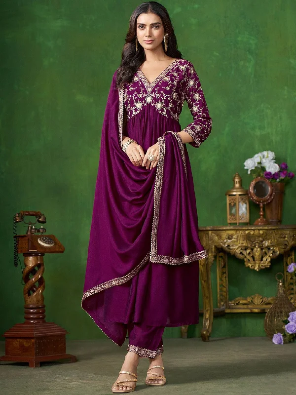 Sangria Floral Embroidered A-Line Kurta & Trousers With Dupatta Trousers Essential Wardrobe