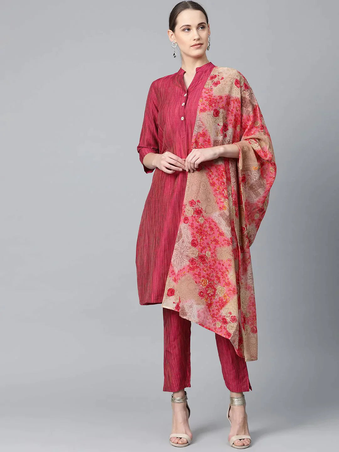 Women Pink & Beige Self-Striped Kurta With Trousers & Dupatta - Rasiya Trousers practical durable Women Pink & Beige Self-Striped Kurta With Trousers & Dupatta - Rasiya Trousers practical durable