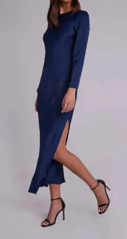 Bias Long Sleeve Slip Dress In Dark Azure
