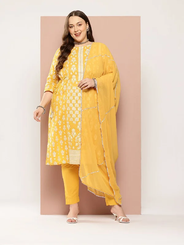 Sztori Plus-Size Gotta Patti Ethnic Motif Print Pure Cotton Kurta with Trousers & Dupatta Trousers High Rise Slim Fit