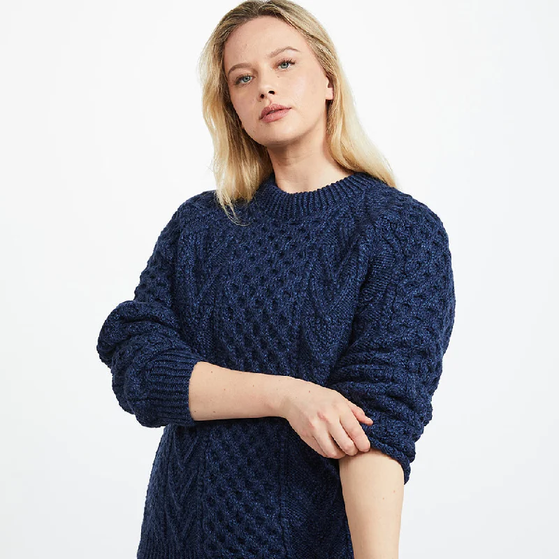 Navy Hand Knit Unisex Crew Neck Aran Sweater Long Sweater Short Sweater Cropped Sweater