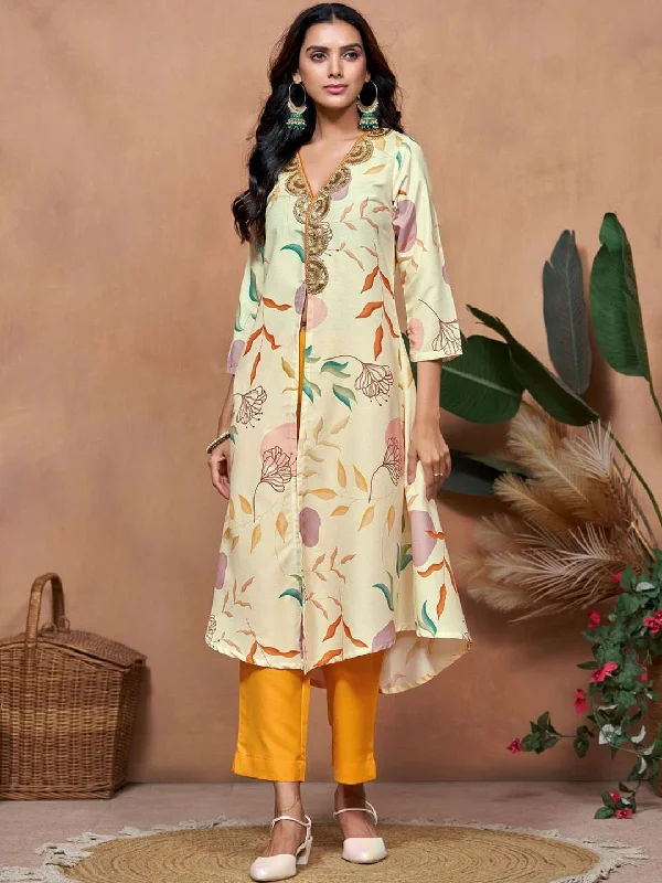 Sangria Off White Floral Printed V-Neck Three-Quarter Sleeves A-Line Kurta & Trouser High Waist Slim Fit Ankle Length