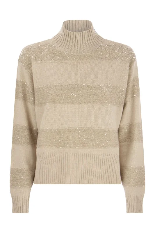 Virgin wool, cashmere and silk turtleneck sweater with Dazzling Mohair Stripes High Neck Crew Neck V-Neck