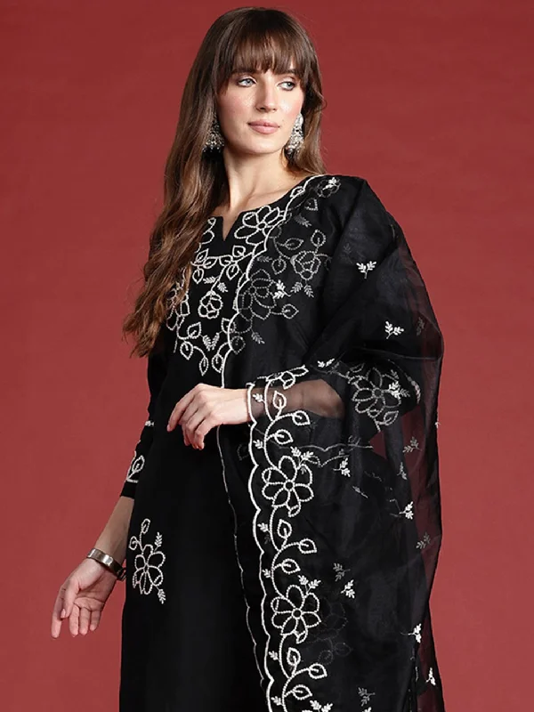 Indo Era Floral Embroidered Thread Work Kurta With Trousers & Dupatta Trousers Striped Patterned