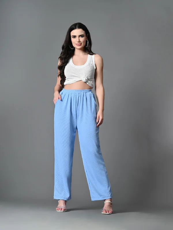 Myshka Women's Solid Ribbed High-Rise Wide Leg Casual Trousers in Blue Color Trousers Fall Fleece Myshka Women's Solid Ribbed High-Rise Wide Leg Casual Trousers in Blue Color Trousers Fall Fleece