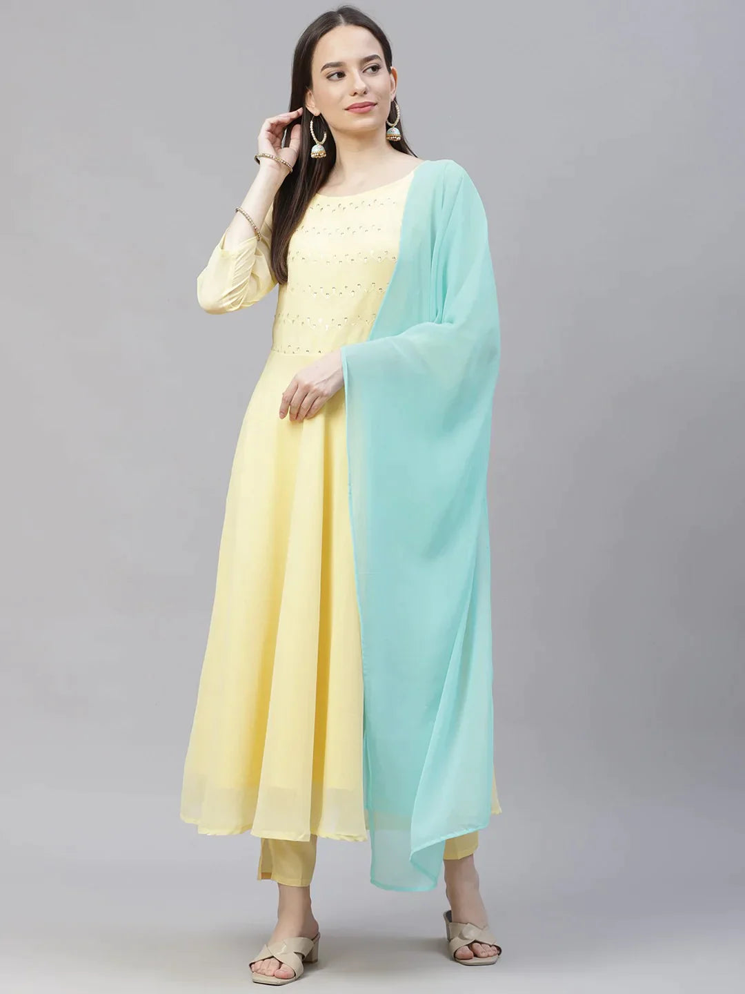 Women Yellow Embroidered Regular Sequinned Kurta With Trousers & Dupatta - Rasiya Trousers Office Stylish Women Yellow Embroidered Regular Sequinned Kurta With Trousers & Dupatta - Rasiya Trousers Office Stylish