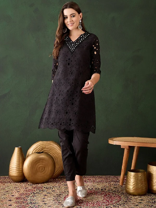 Sangria Embroidered Regular Mirror Work Pure Cotton Kurti With Trousers Trousers Yoga Stretchy