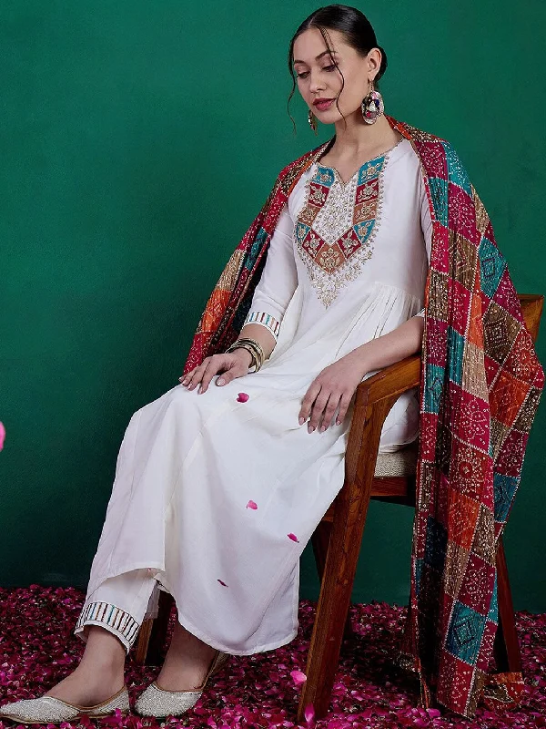 Sangria Floral Yoke Embroidered Straight Kurta & Trousers With Dupatta Trousers Hiking Durable