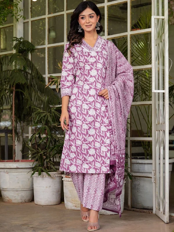 Floral Printed V-Neck Pure Cotton Straight Kurta Trousers & With Dupatta (Lavender) - Rasiya Trousers Handmade Artisanal Floral Printed V-Neck Pure Cotton Straight Kurta Trousers & With Dupatta (Lavender) - Rasiya Trousers Handmade Artisanal