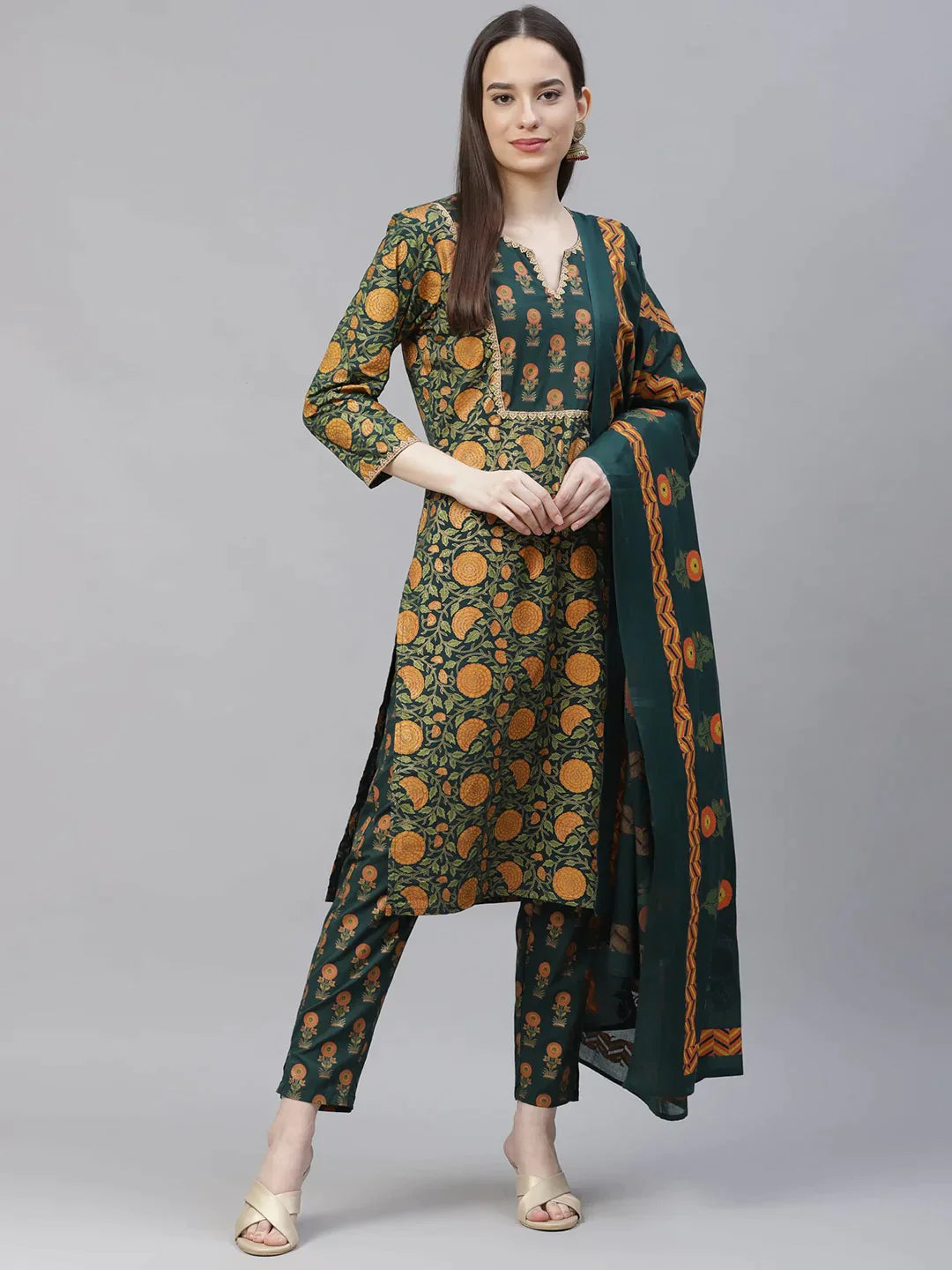 Women Green Ethnic Motifs Printed Pure Cotton Kurta With Trousers & Dupatta - Rasiya Trousers Prom Sequined Women Green Ethnic Motifs Printed Pure Cotton Kurta With Trousers & Dupatta - Rasiya Trousers Prom Sequined