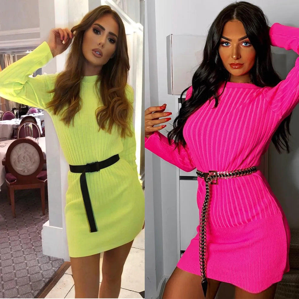 Women Dress Pullovers Fashion Neon Knitted O-Neck Solid Mini Long Sleeve Bodycon Solo Sleeve Pullover Women Dress Pullovers Fashion Neon Knitted O-Neck Solid Mini Long Sleeve Bodycon Solo Sleeve Pullover