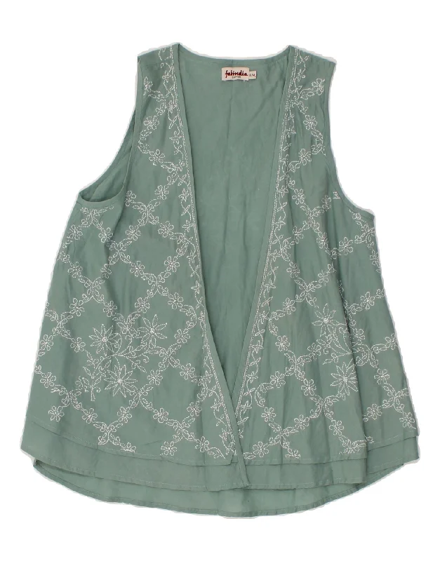 VINTAGE Womens Graphic Sleeveless Cardigan Top UK 10 Small Green Floral Glossy Satin Silk