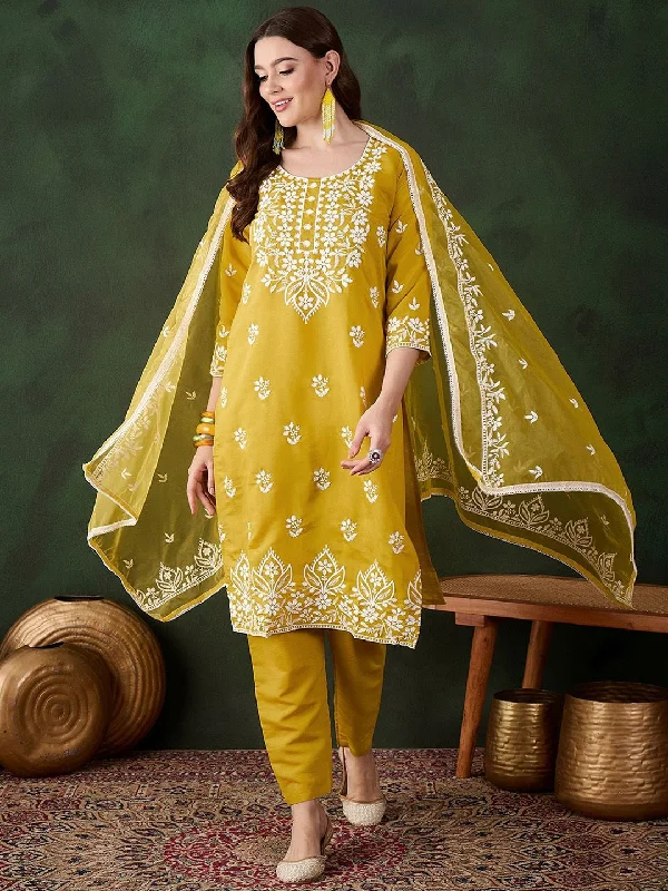 Sangria Mustard Yellow Floral Embroidered Thread Work Kurta & Trouser With Dupatta Trousers Ceremony Elegant