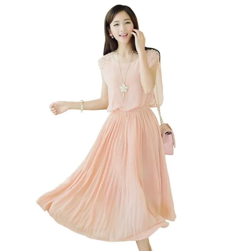 solid chiffon sleeveless women dress ankle-length beading dress elegant princess dress pleated lady dress solid chiffon sleeveless women dress ankle-length beading dress elegant princess dress pleated lady dress
