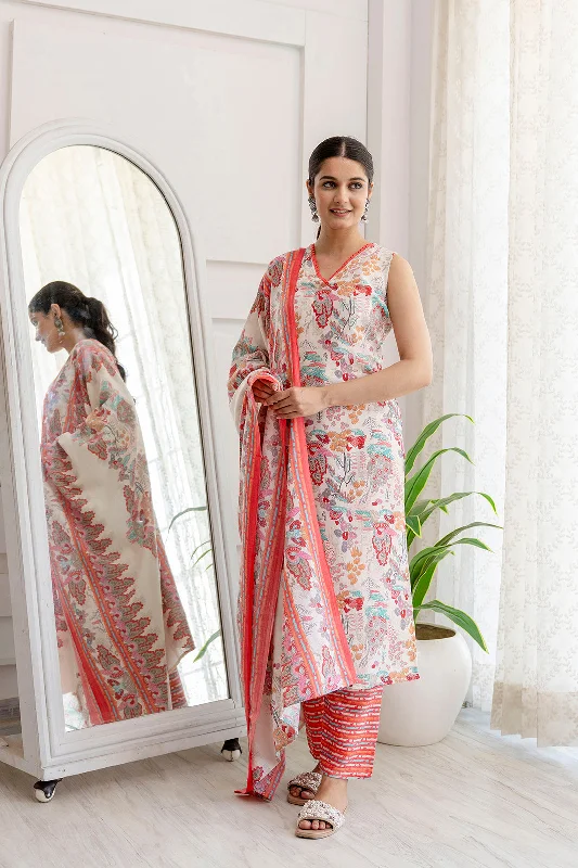 Women Off White Printed Straight Kurta With Trouser And Dupatta - Rasiya Trousers Striped Patterned Women Off White Printed Straight Kurta With Trouser And Dupatta - Rasiya Trousers Striped Patterned