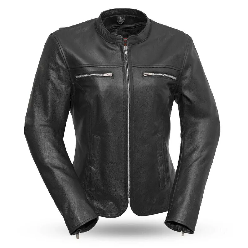 ROXY -LADIES LEATHER MOTORCYCLE JACKET FIL116CSLZ Notch Collar Peter Pan Collar Cowl Neck