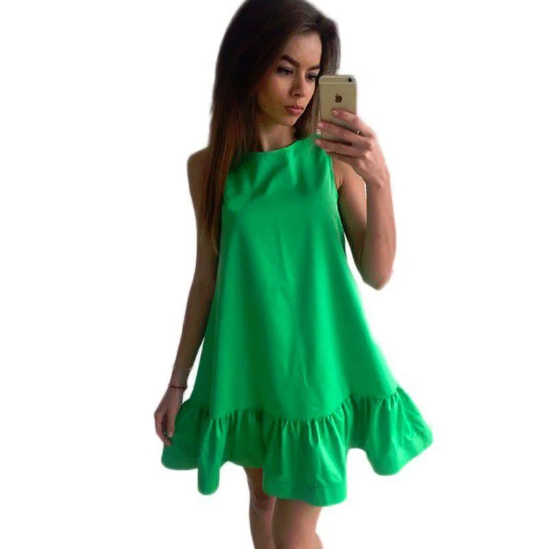 Women Dresses Summer Sleeveless Round Neck Casual Plus Size Beach Solid color Lotus leaf edge Dresses Women Dresses Summer Sleeveless Round Neck Casual Plus Size Beach Solid color Lotus leaf edge Dresses