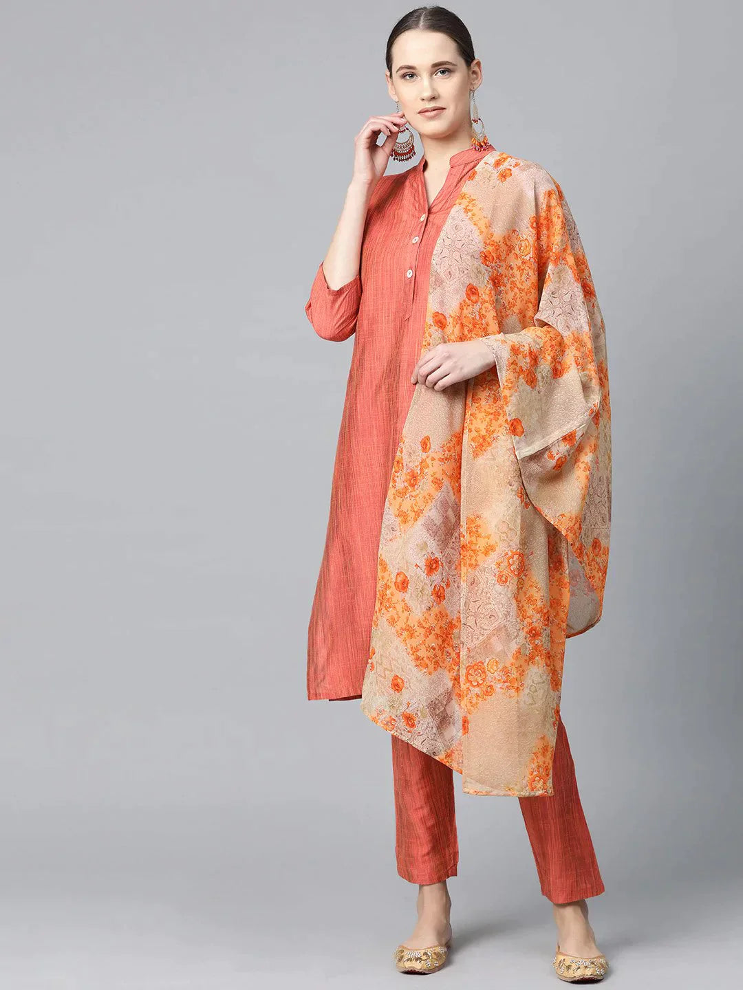 Women Rust Orange & Beige Self-Striped Kurta With Trousers & Dupatta - Rasiya Trousers Essential Wardrobe Women Rust Orange & Beige Self-Striped Kurta With Trousers & Dupatta - Rasiya Trousers Essential Wardrobe