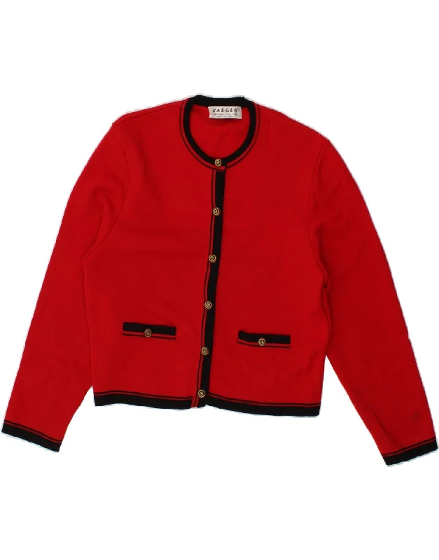 JAEGER Womens Crop Cardigan Sweater UK 14 Medium Red Wool Chenille Blend Fleece Blend Nylon Blend