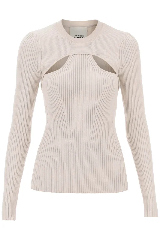 'zana' Cut-out Sweater In Ribbed Knit  - Beige Graphic Sweater Embroidered Appliqued