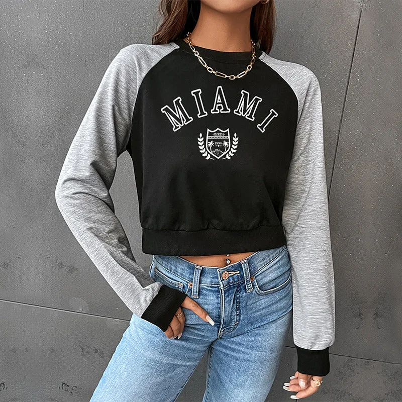 IKEARLAX popular new spring leisure sports college style 2025 color matching short navel round neck letter pullover sweater women Houndstooth Herringbone Solid