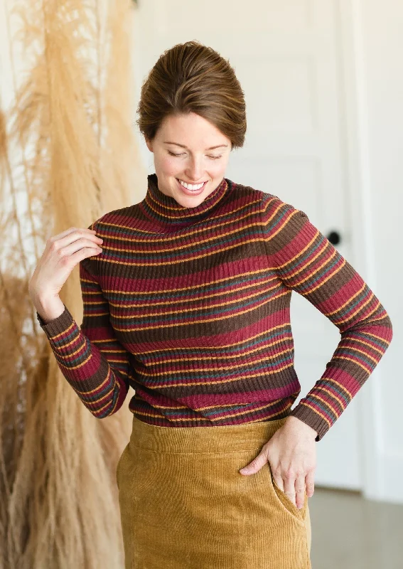 Brown Multi Stripe Ribbed Sweater - FINAL SALE Herringbone Houndstooth Plaid