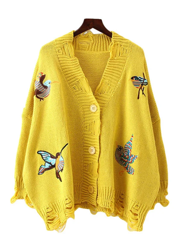 Long Sleeve Casual Embroidery Cardigan Female V Neck Hole Cardigans Asymmetrical,ymmetric Pencil Cardigan