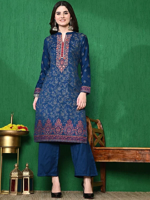 Sangria Self Design Winter Pashmina Straight Kurta With Trouser Trousers trendy modern