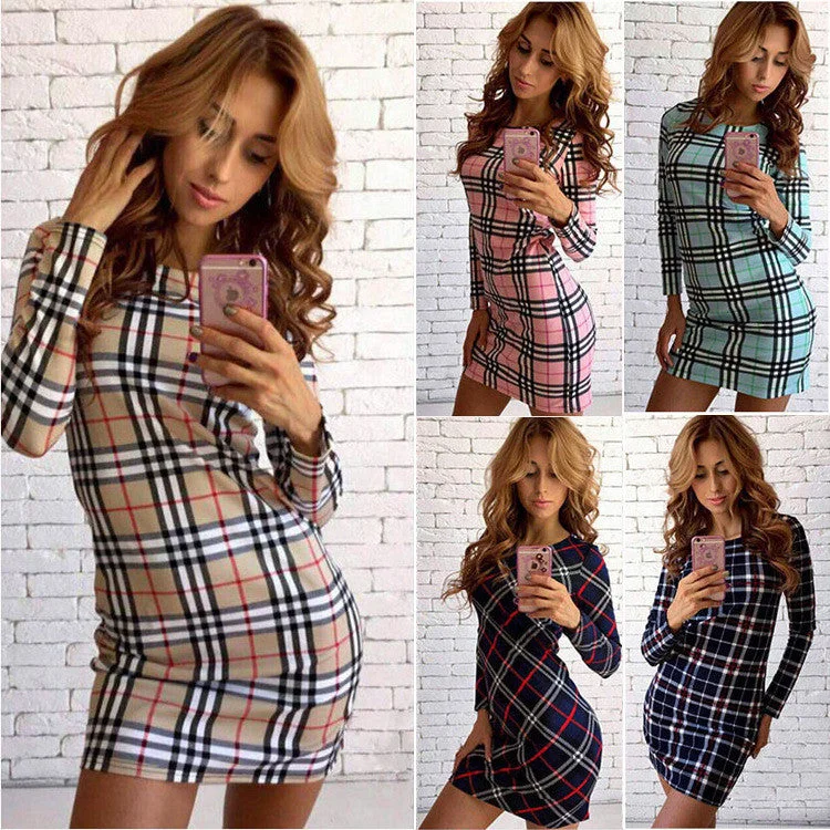 Brand Autumn Winter Dress Fashion trends Plaid Printed Dress Slim Package hip Casual Dress Women Dresses Vestidos