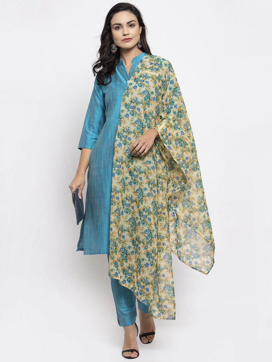 Women Blue & Green Self-Striped Kurta With Trousers & Floral Georgette - Rasiya Trousers Versatile Stylish Women Blue & Green Self-Striped Kurta With Trousers & Floral Georgette - Rasiya Trousers Versatile Stylish
